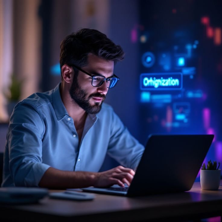 a web developer sitting in fropnt of a computer

